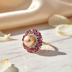 D'Joy South Sea Golden Cultured Pearl and Multi Gemstone 5.50 ctw Royal Bloom Ring in 18K Vermeil Yellow Gold Over Sterling Silver (Size 10.0) (Del. in 7-10 Days)