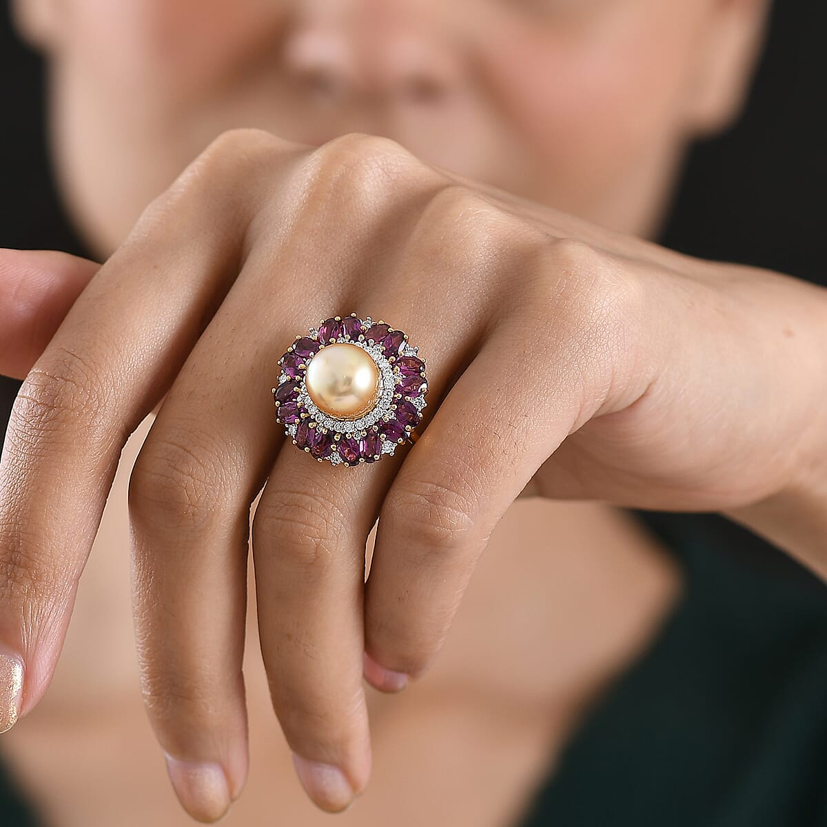 D'Joy South Sea Golden Cultured Pearl and Multi Gemstone 5.50 ctw Royal Bloom Ring in 18K Vermeil Yellow Gold Over Sterling Silver (Size 10.0) (Del. in 7-10 Days) image number 2