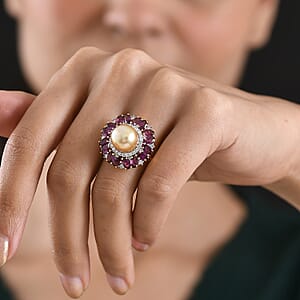 D'Joy South Sea Golden Cultured Pearl and Multi Gemstone 5.50 ctw Royal Bloom Ring in 18K Vermeil Yellow Gold Over Sterling Silver (Size 10.0) (Del. in 7-10 Days)