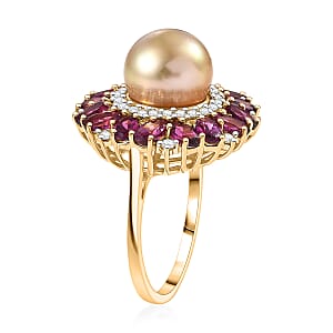 D'Joy South Sea Golden Cultured Pearl and Multi Gemstone 5.50 ctw Royal Bloom Ring in 18K Vermeil Yellow Gold Over Sterling Silver (Size 10.0) (Del. in 7-10 Days)