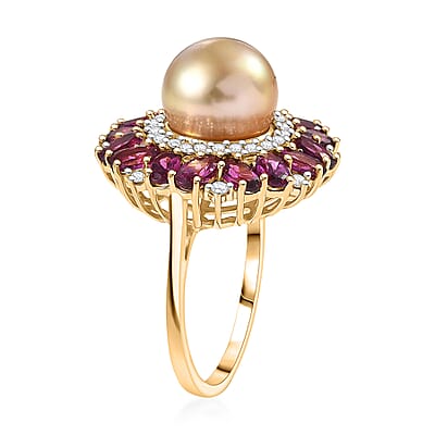 D'Joy South Sea Golden Cultured Pearl and Multi Gemstone 5.50 ctw Royal Bloom Ring in 18K Vermeil Yellow Gold Over Sterling Silver (Size 10.0)