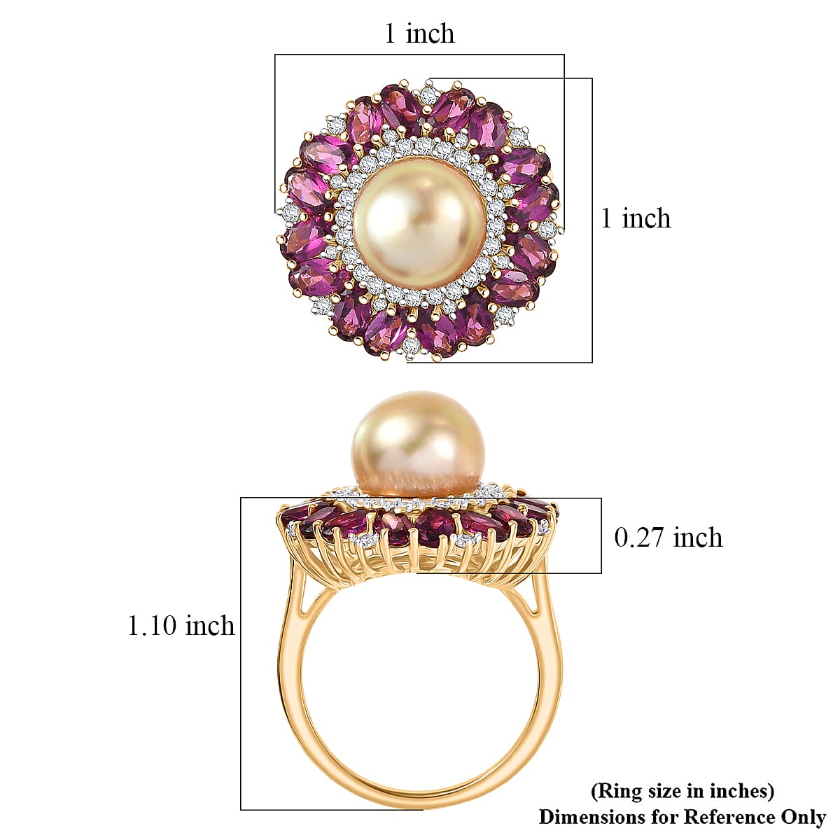 D'Joy South Sea Golden Cultured Pearl and Multi Gemstone 5.50 ctw Royal Bloom Ring in 18K Vermeil Yellow Gold Over Sterling Silver (Size 10.0) (Del. in 7-10 Days) image number 5