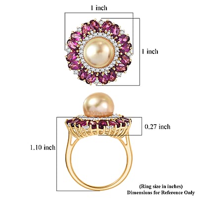 D'Joy South Sea Golden Cultured Pearl and Multi Gemstone 5.50 ctw Royal Bloom Ring in 18K Vermeil Yellow Gold Over Sterling Silver (Size 10.0)