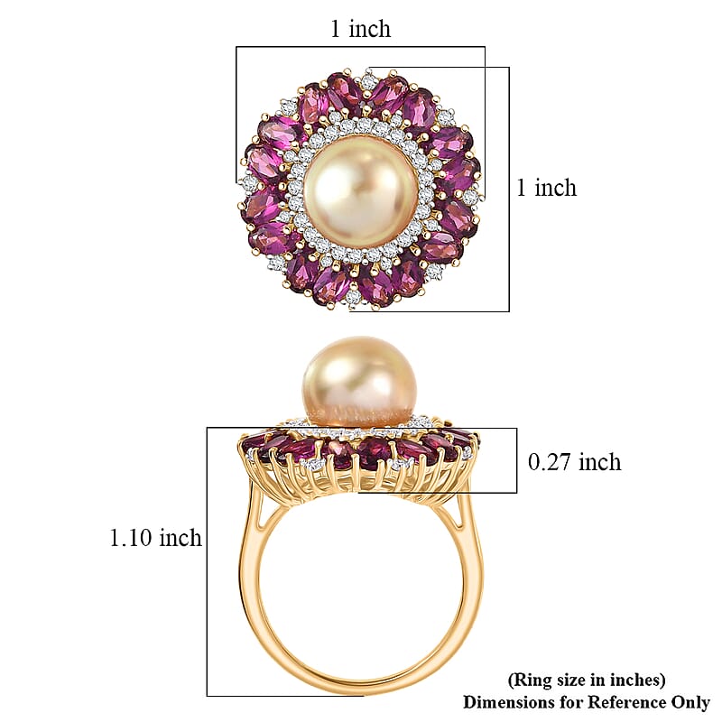 D'Joy South Sea Golden Cultured Pearl and Multi Gemstone 5.50 ctw Royal Bloom Ring in 18K Vermeil Yellow Gold Over Sterling Silver (Size 8.0)
