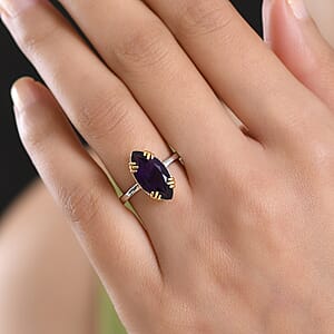 Premium Lusaka Amethyst and Luxuriant Lab Grown Diamond G-H SI 3.65 ctw Petal Solitaire Ring in 18K Vermeil YG and Rhodium Over Sterling Silver (Size 10.0)