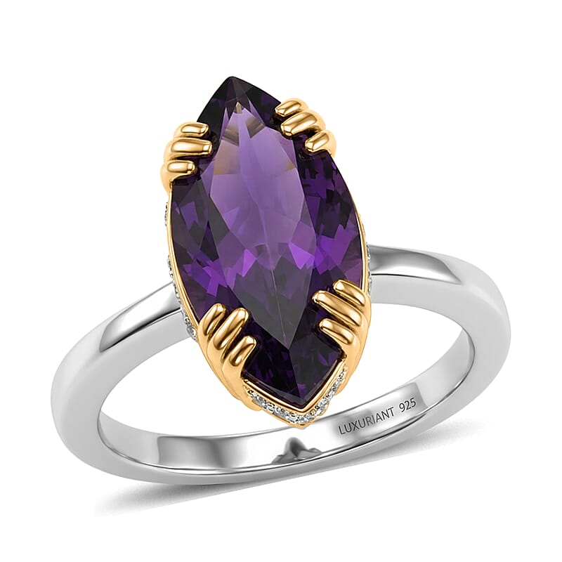 Premium Lusaka Amethyst and Luxuriant Lab Grown Diamond G-H SI 3.65 ctw Petal Solitaire Ring in 18K Vermeil YG and Rhodium Over Sterling Silver (Size 7.0)