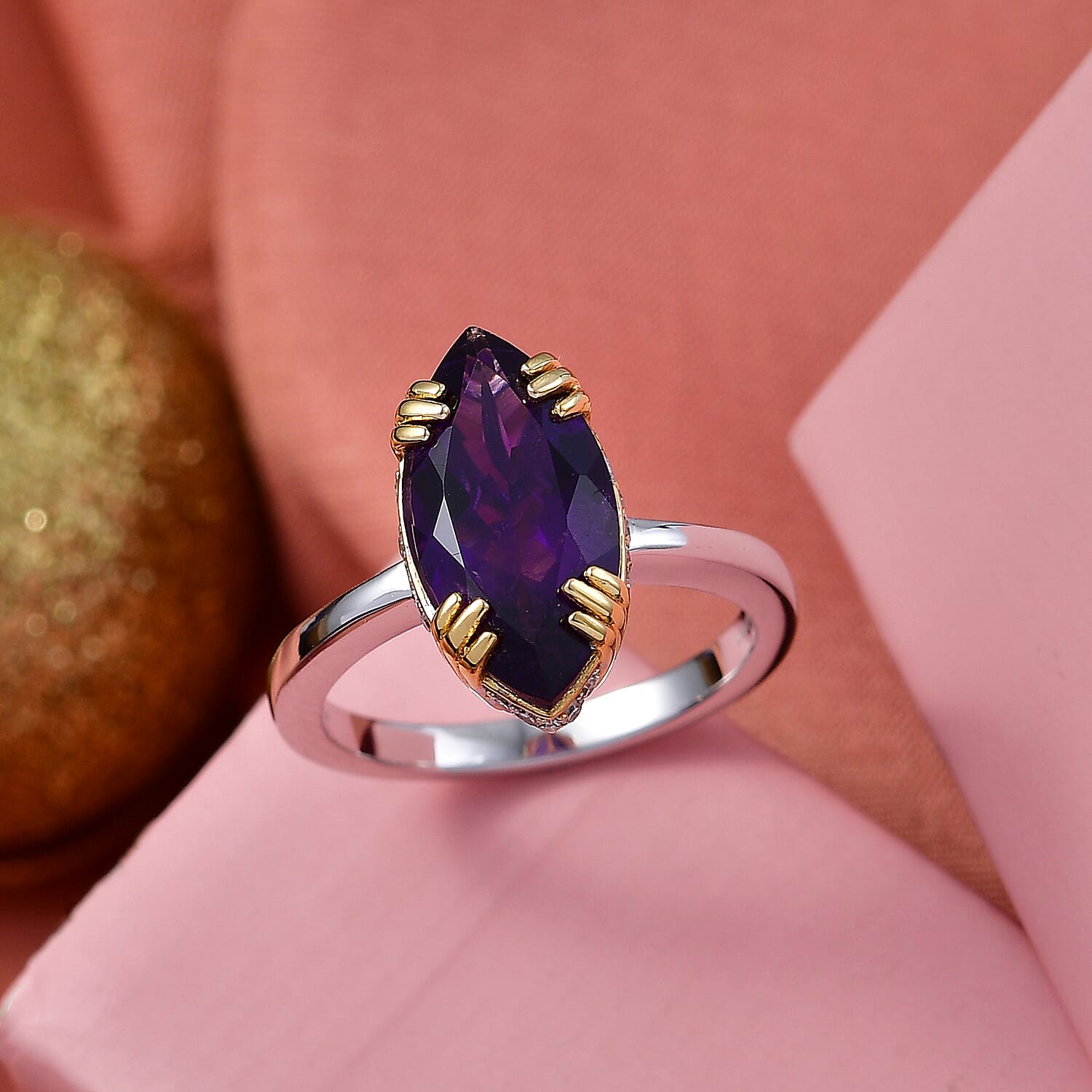 Premium Lusaka Amethyst and Luxuriant Lab Grown Diamond G-H SI 3.65 ctw Petal Solitaire Ring in 18K Vermeil YG and Rhodium Over Sterling Silver