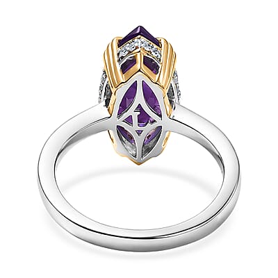 Premium Lusaka Amethyst and Luxuriant Lab Grown Diamond G-H SI 3.65 ctw Petal Solitaire Ring in 18K Vermeil YG and Rhodium Over Sterling Silver (Size 7.0)