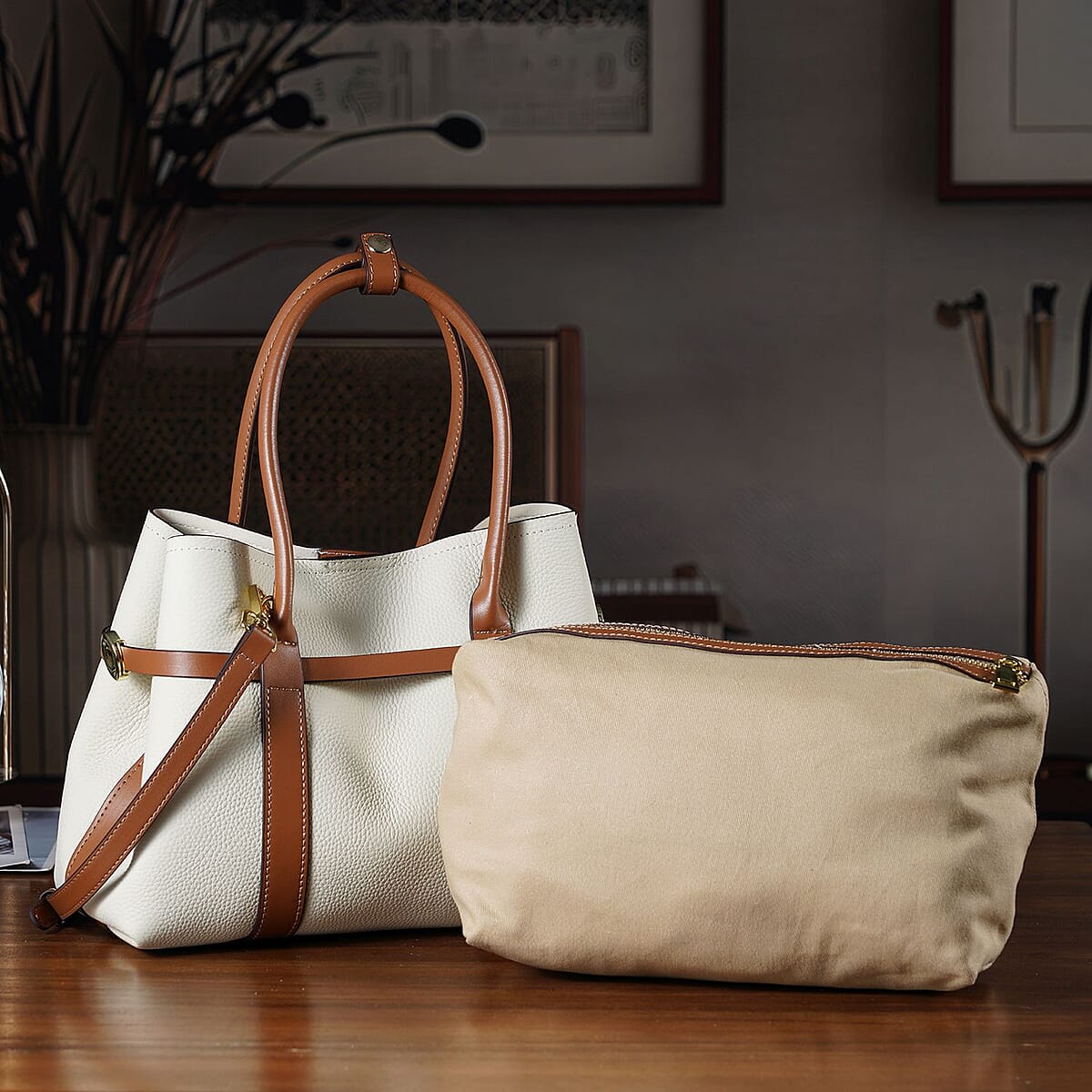 La Marey White and Brown Genuine Leather Tote Bag Set image number 1