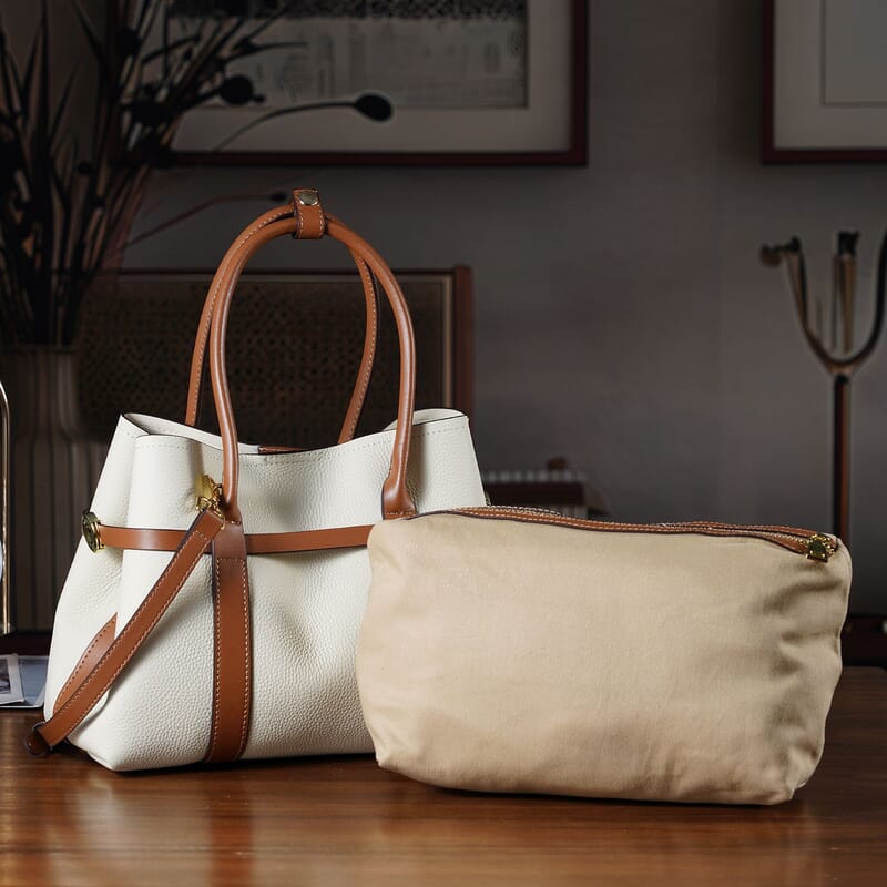 La Marey White and Brown Genuine Leather Tote Bag Set