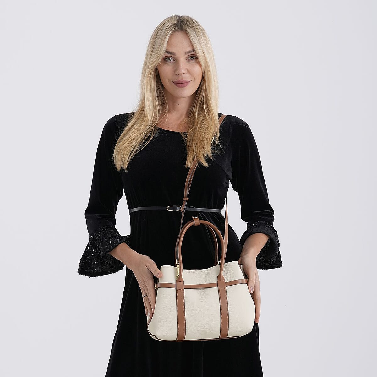 La Marey White and Brown Genuine Leather Tote Bag Set image number 2