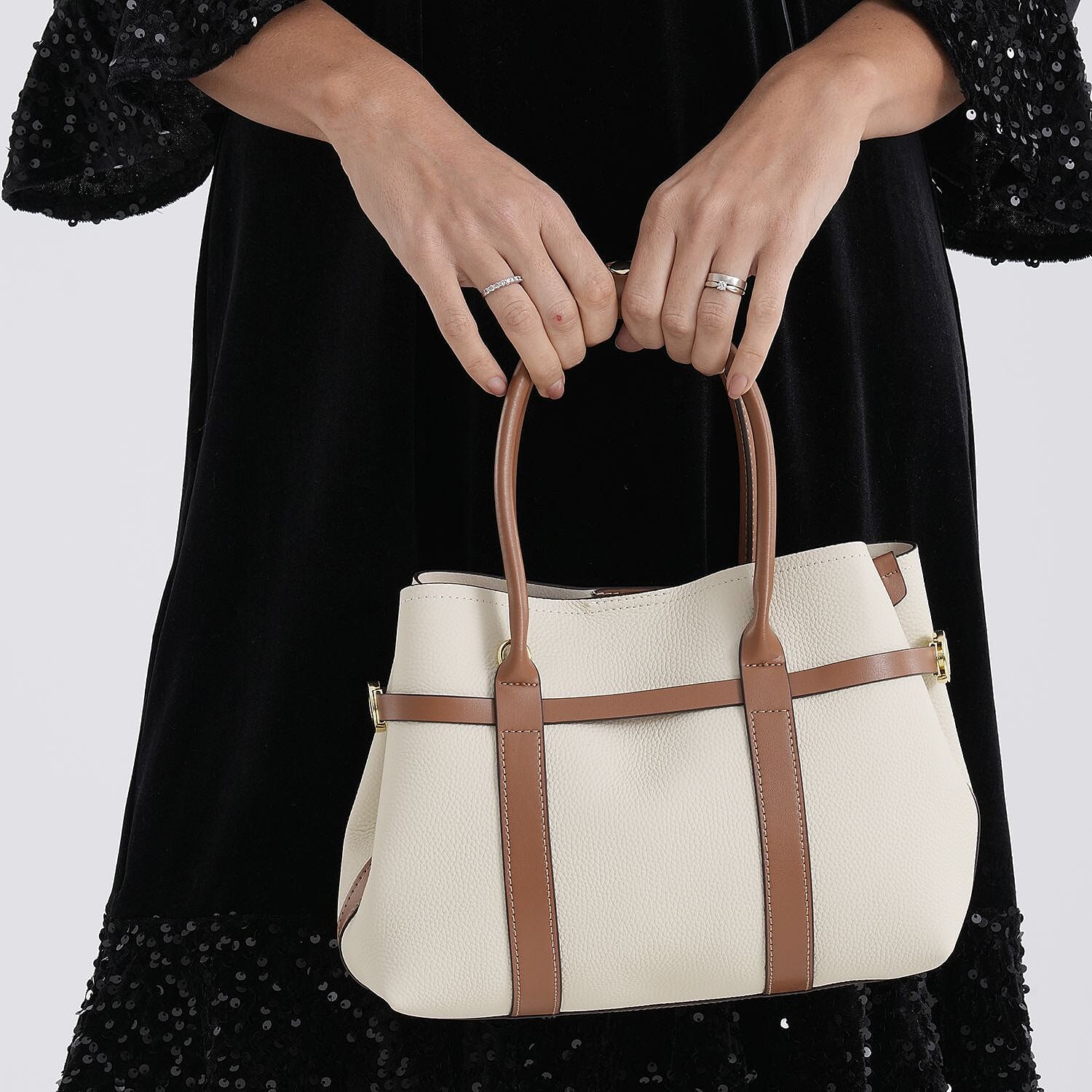 La Marey White and Brown Genuine Leather Tote Bag Set