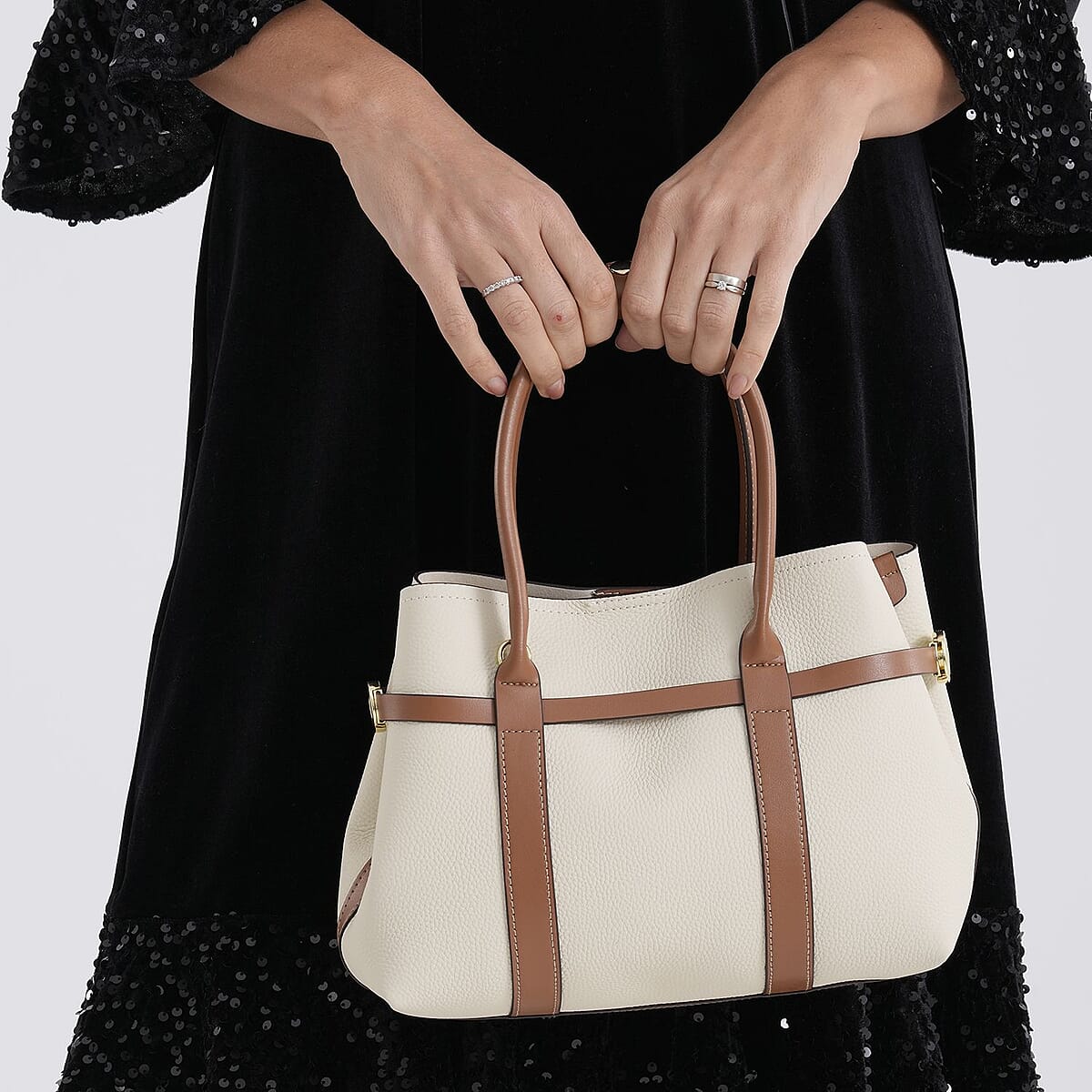 La Marey White and Brown Genuine Leather Tote Bag Set image number 3
