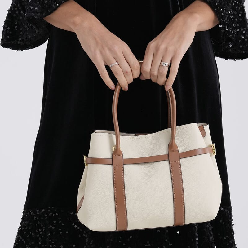 La Marey White and Brown Genuine Leather Tote Bag Set