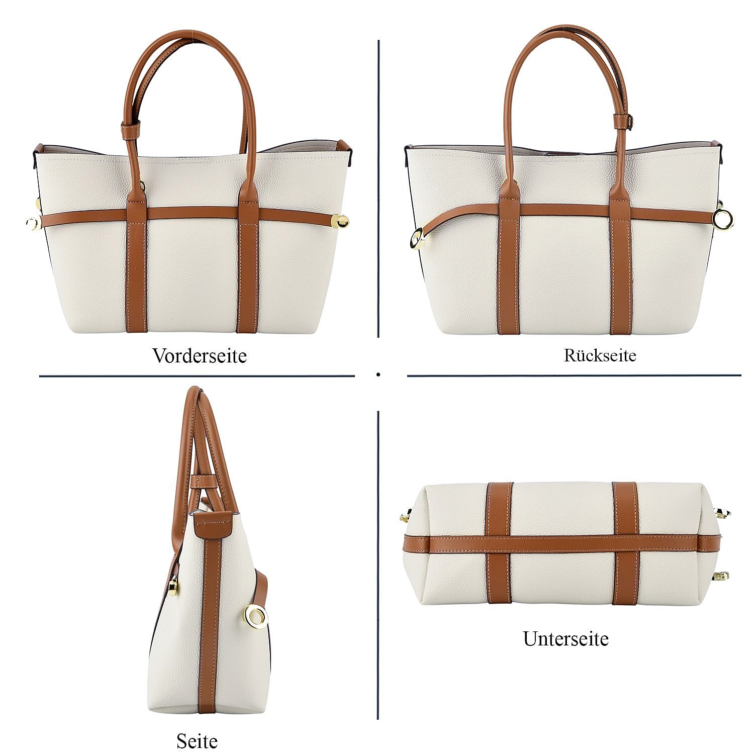 La Marey White and Brown Genuine Leather Tote Bag Set