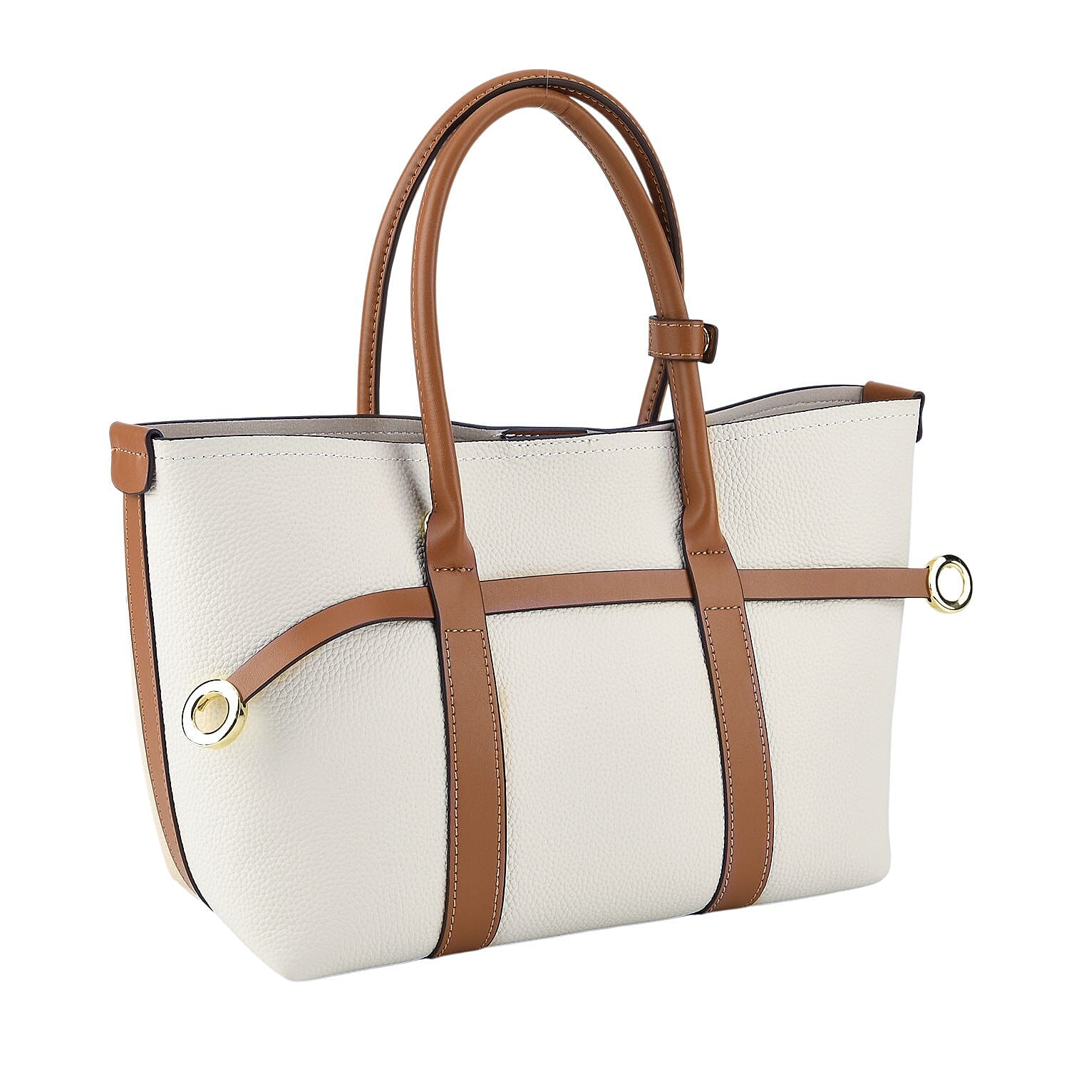 La Marey White and Brown Genuine Leather Tote Bag Set