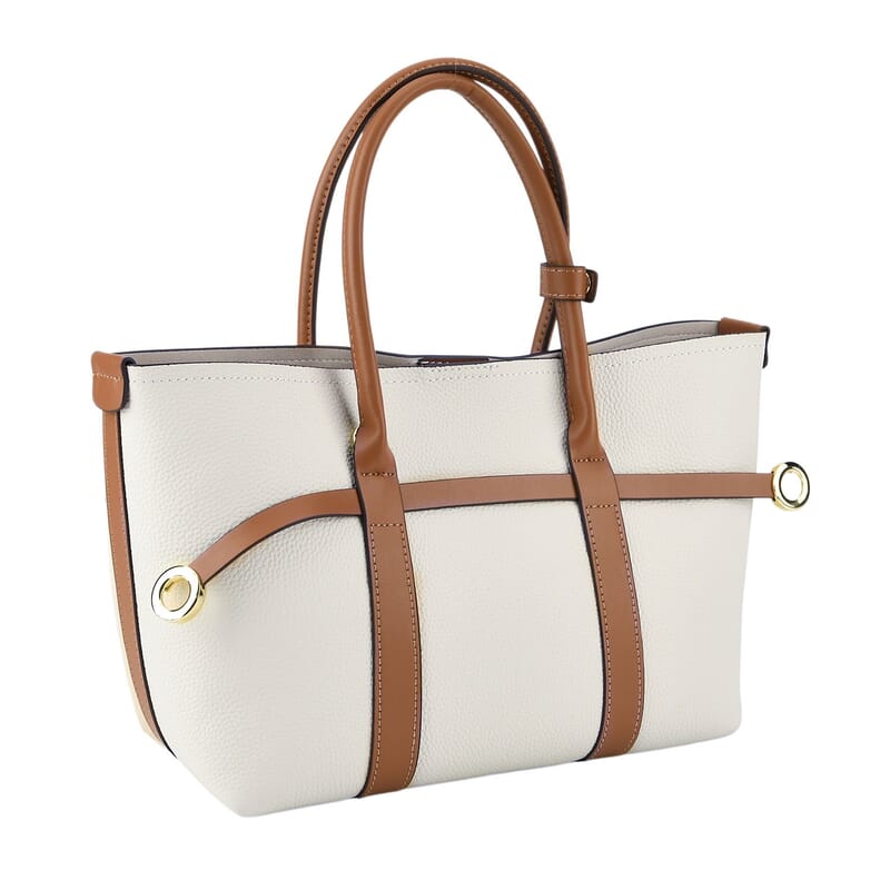 La Marey White and Brown Genuine Leather Tote Bag Set