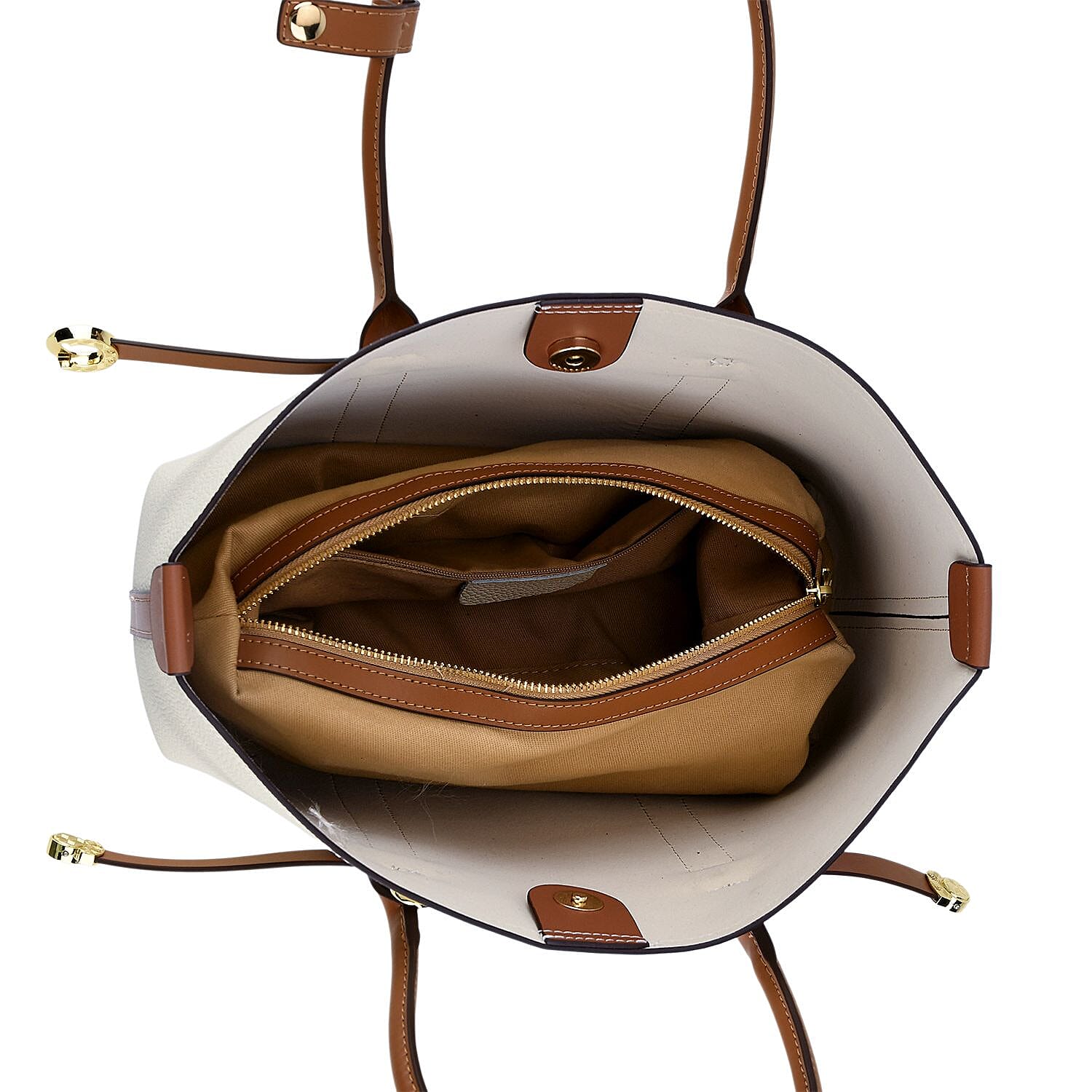 La Marey White and Brown Genuine Leather Tote Bag Set