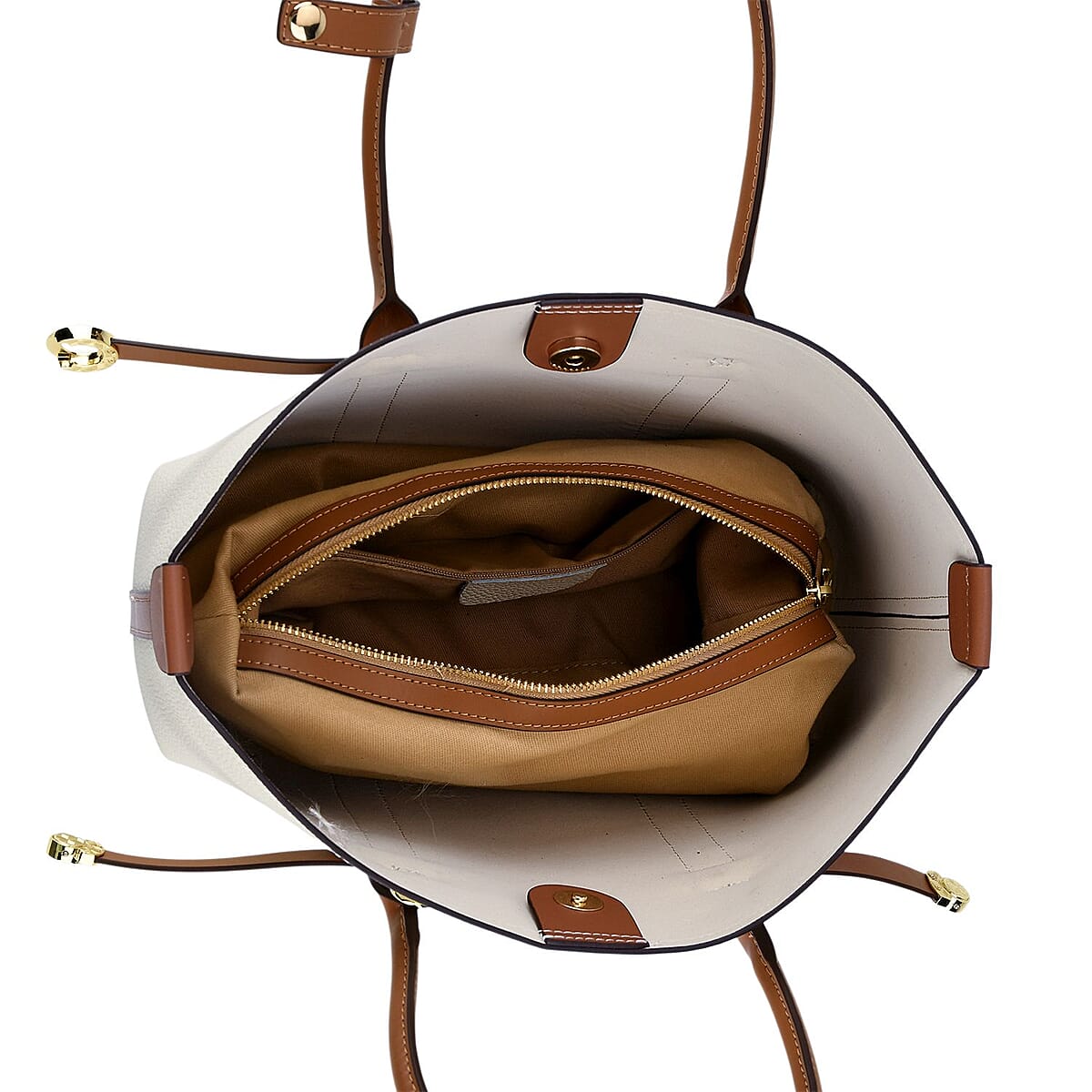 La Marey White and Brown Genuine Leather Tote Bag Set image number 6