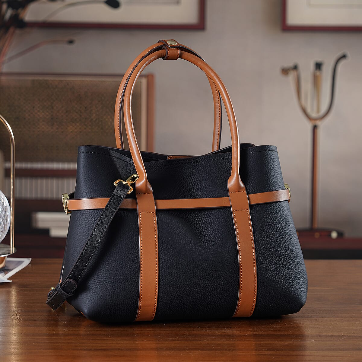 La Marey Black and Brown Genuine Leather Tote Bag Set image number 1