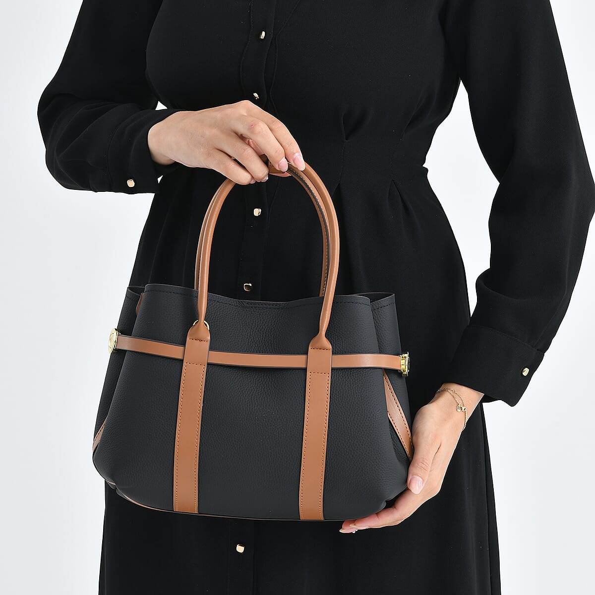 La Marey Black and Brown Genuine Leather Tote Bag Set image number 3