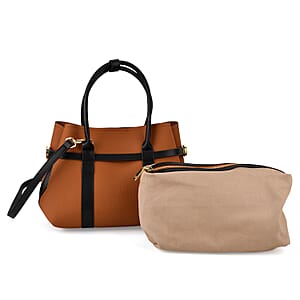 La Marey Tan and Black Genuine Leather Tote Bag Set