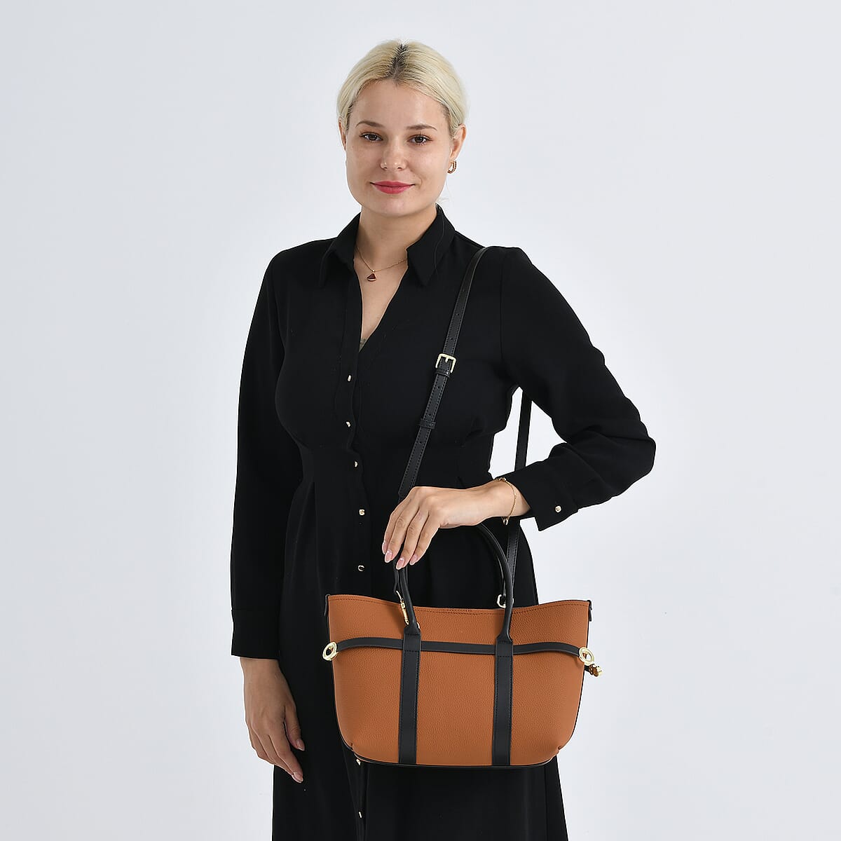 La Marey Tan and Black Genuine Leather Tote Bag Set image number 2