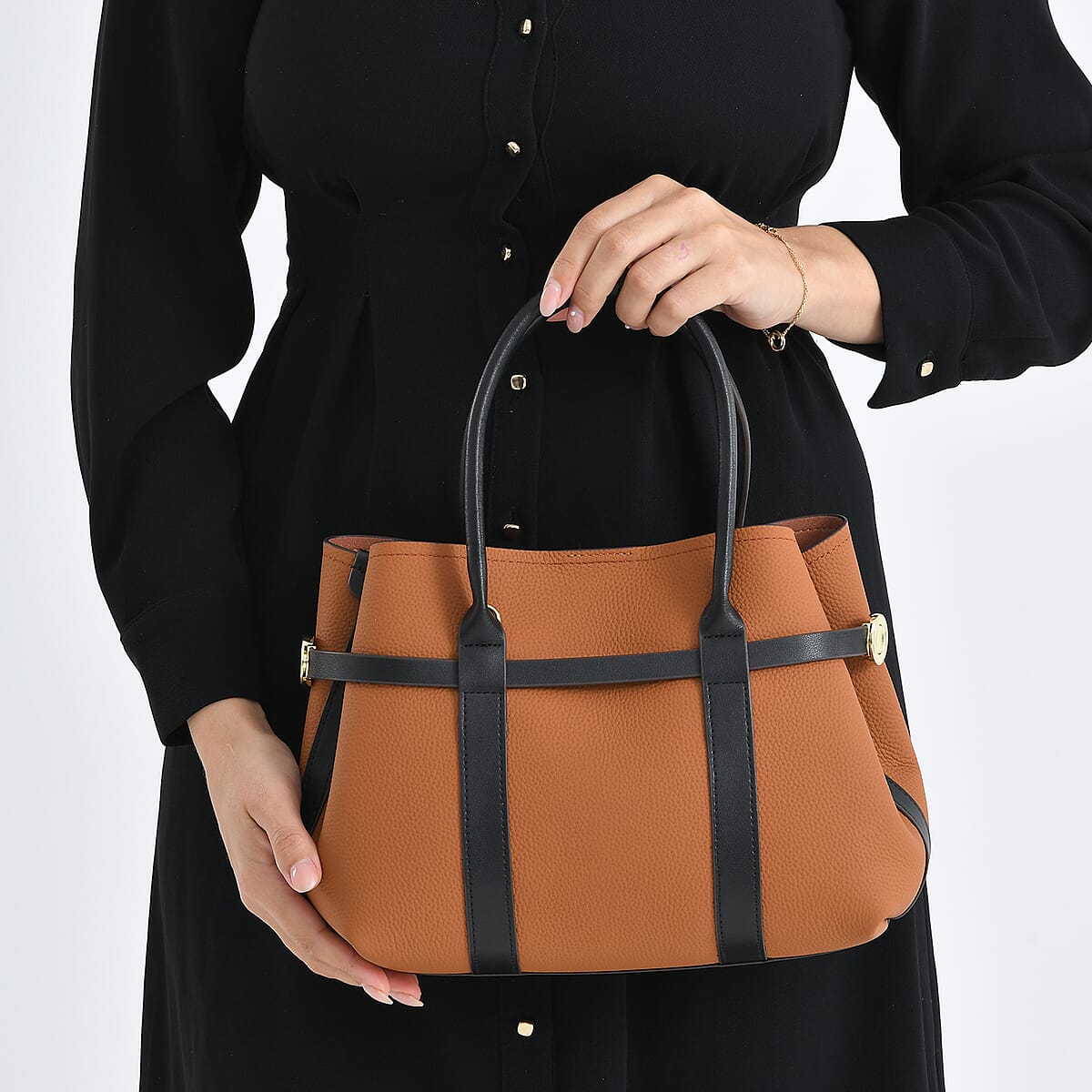 La Marey Tan and Black Genuine Leather Tote Bag Set image number 3