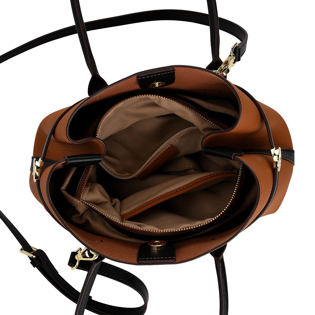 La Marey Tan and Black Genuine Leather Tote Bag Set image number 5