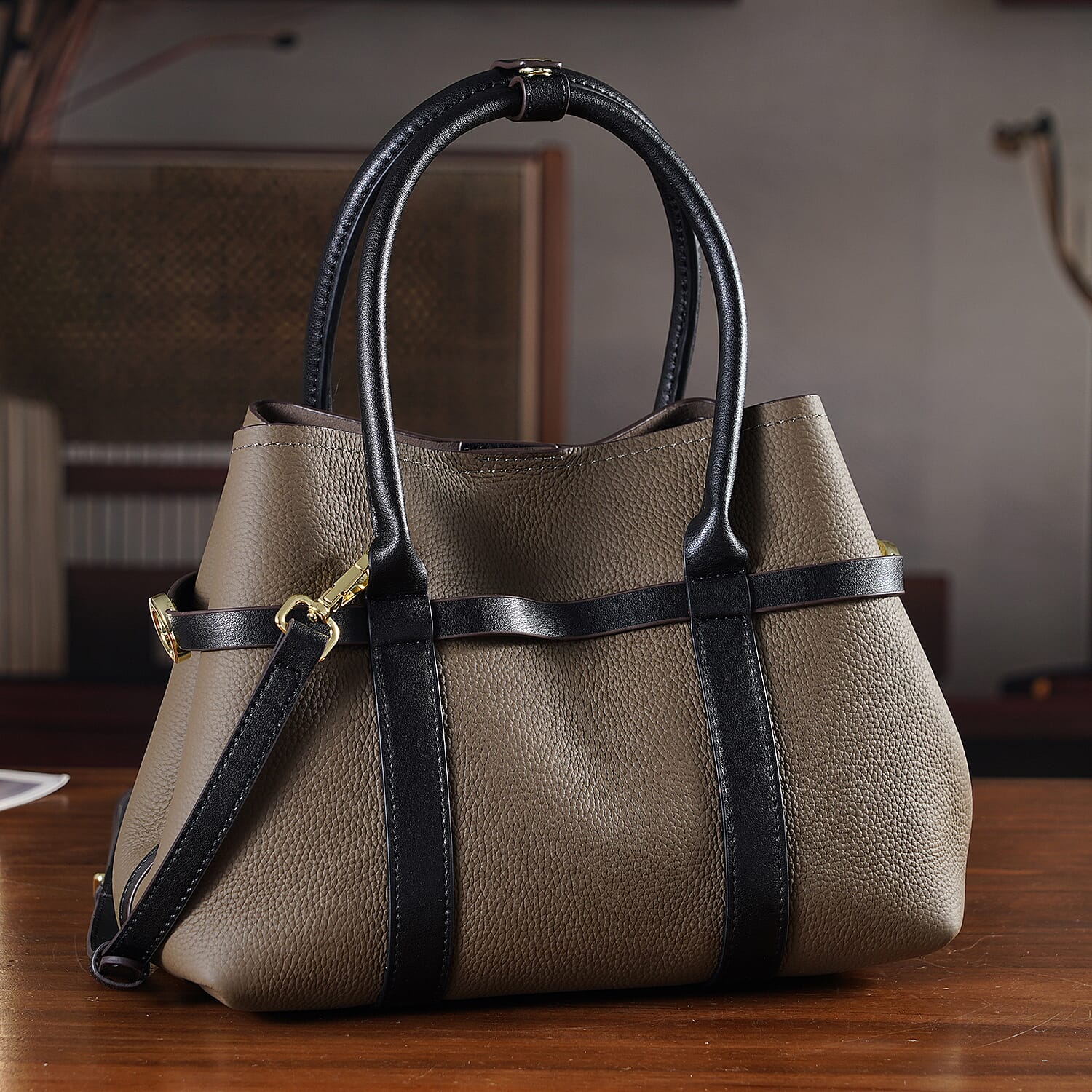 La Marey White and Brown Genuine Leather Tote Bag Set