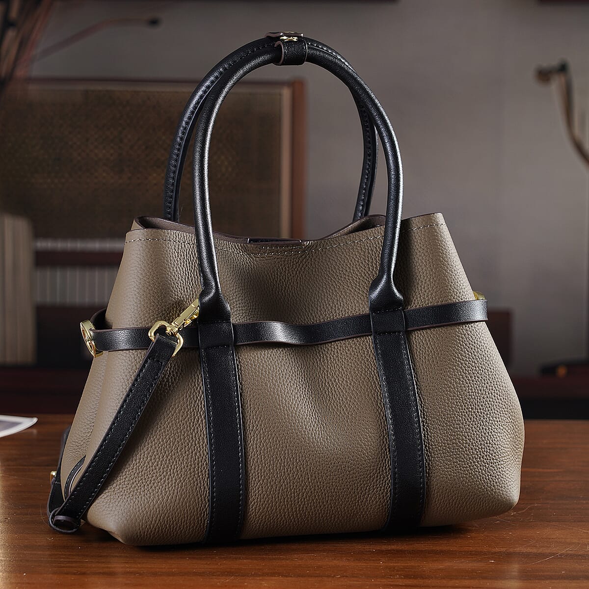 La Marey Grey and Black Genuine Leather Tote Bag Set image number 1