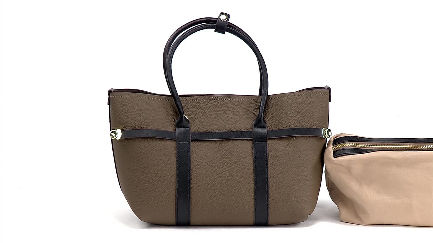 La Marey White and Brown Genuine Leather Tote Bag Set