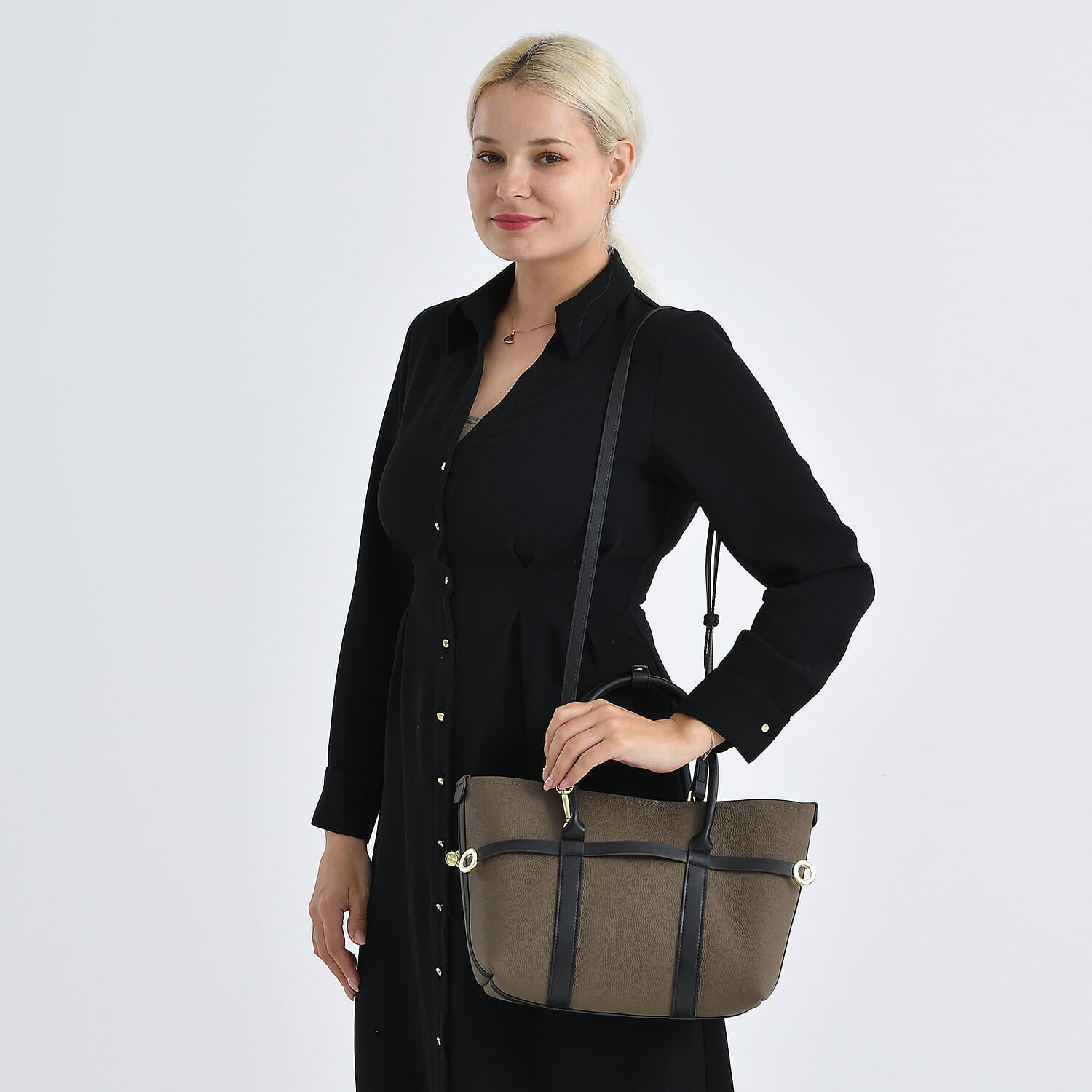 La Marey Grey and Black Genuine Leather Tote Bag Set