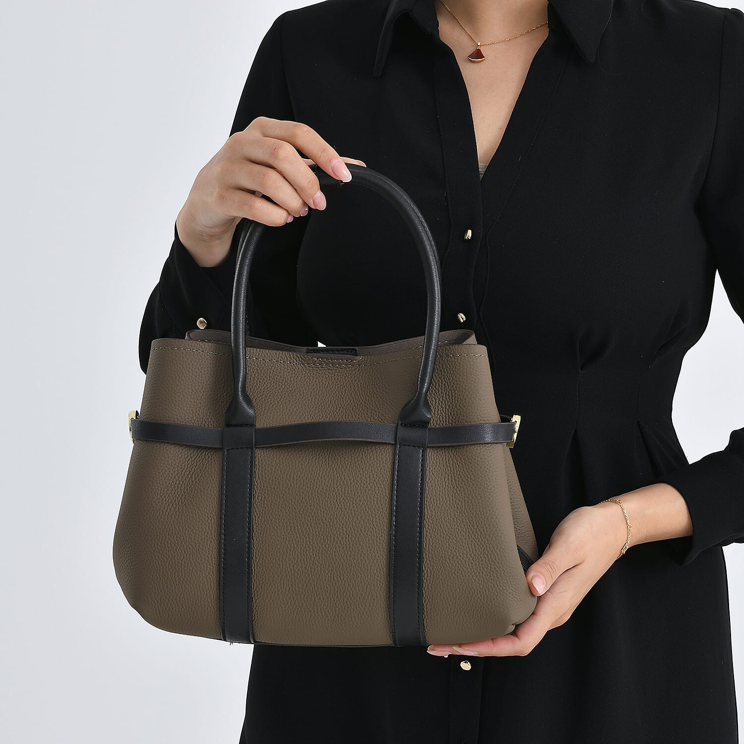 La Marey Grey and Black Genuine Leather Tote Bag Set