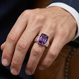 Premium Lusaka Amethyst and Luxuriant Lab Grown Diamond G-H SI 7.00 ctw Men's Ring in Rhodium Over Sterling Silver (Size 10.0)