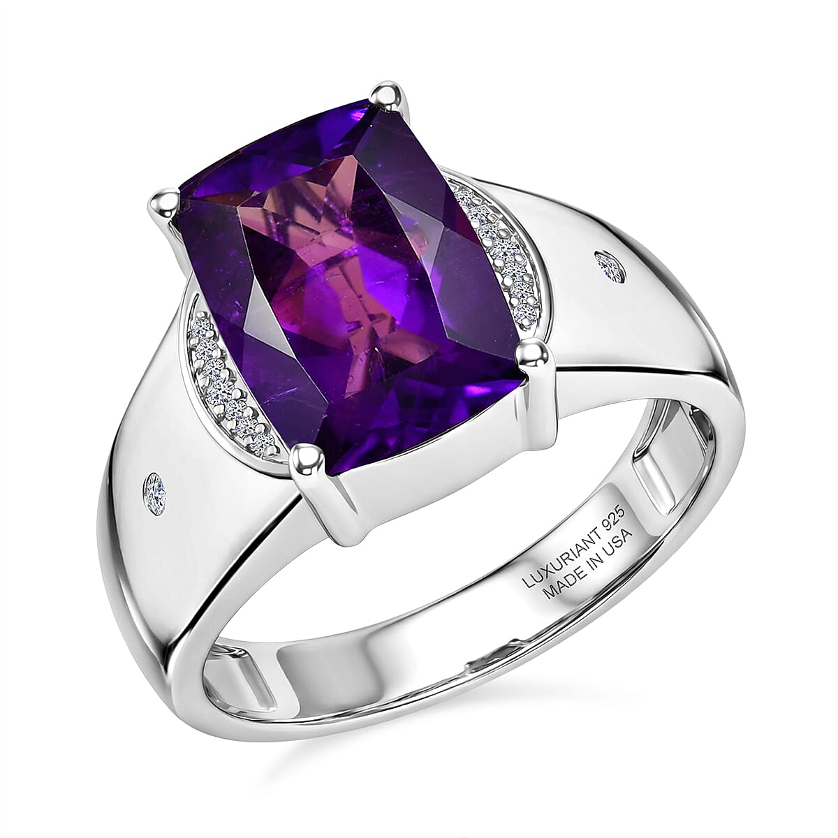 Premium Lusaka Amethyst, Luxuriant Lab Grown Diamond (G-H, SI) Men's Ring in Rhodium Over Sterling Silver (Size 10.0) 7.00 ctw
