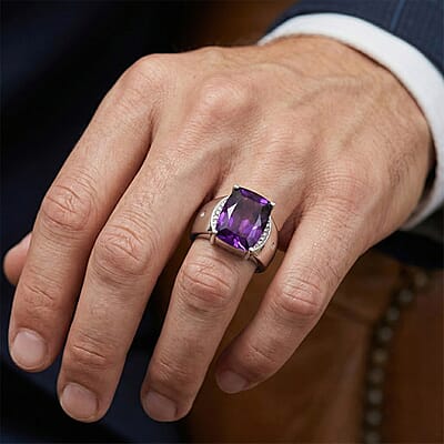 Premium Lusaka Amethyst and Luxuriant Lab Grown Diamond G-H SI 7.00 ctw Men's Ring in Rhodium Over Sterling Silver (Size 13.0)