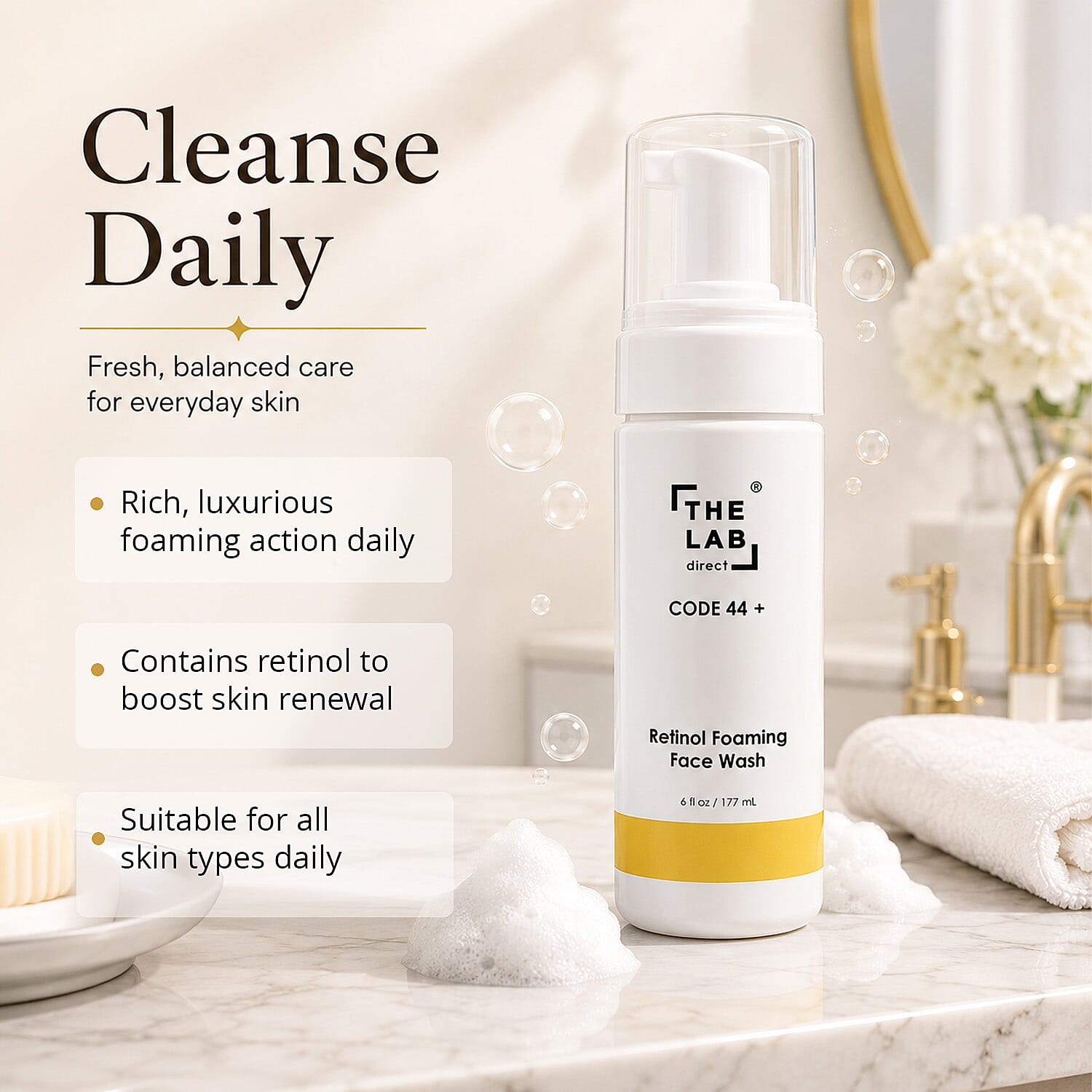 The Lab Direct Code 44 Retinol Foaming Face Wash (6oz) Made in US (Ships in 3-5 Days)