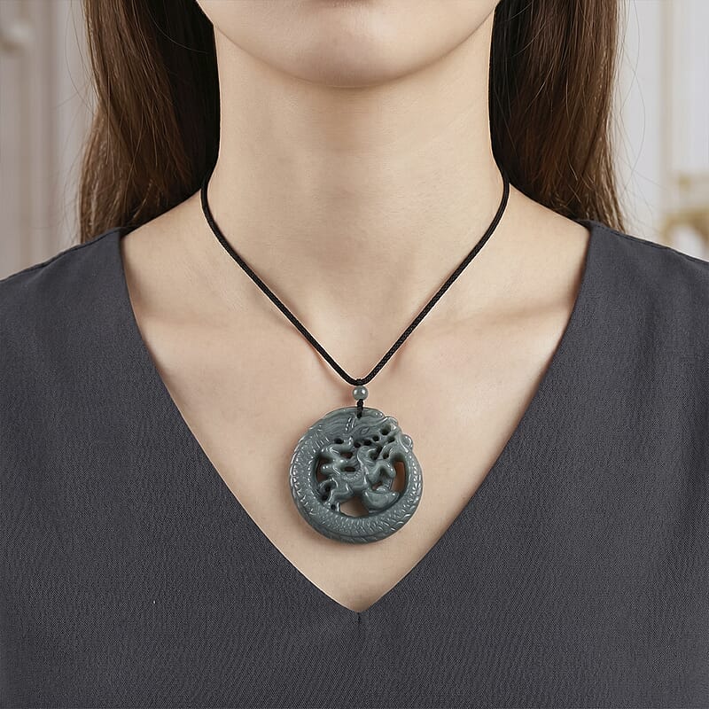 Natural Olmec Jadeite 80.00 ctw Cotton Thread Dragon Necklace 28 Inches