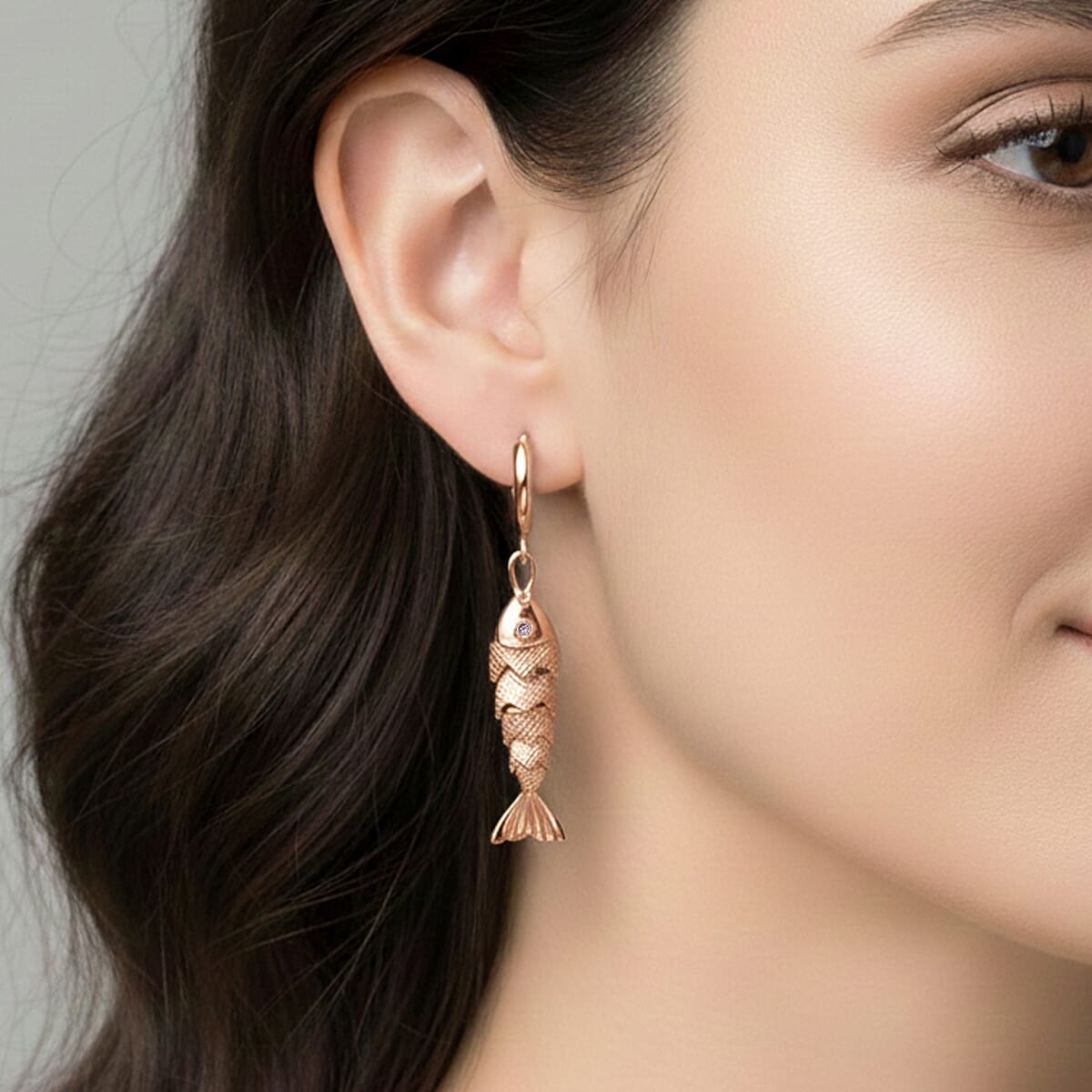 Simulated Pink Diamond Fish Earrings in Rosetone image number 2