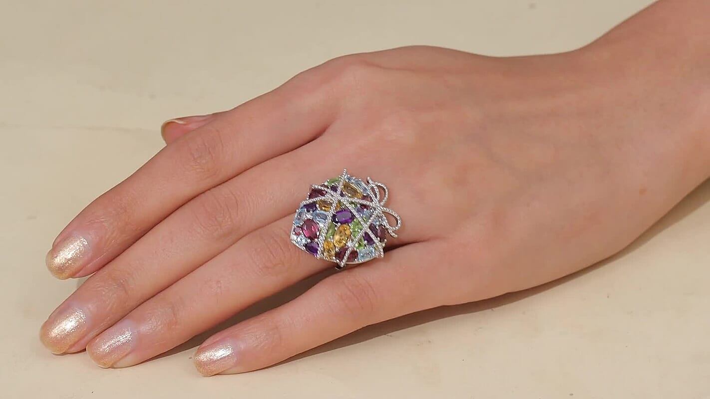 GP Premium Multi Gemstone Ring in Rhodium Over Sterling Silver (Size 10.0) 4.20 ctw