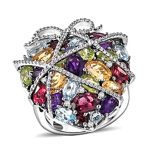 GP Premium Multi Gemstone 4.20 ctw Ring in Rhodium Over Sterling Silver (Size 7.0)