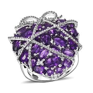 GP Special Amore Collection Premium African Amethyst and White Zircon 5.85 ctw Ring in Rhodium Over Sterling Silver (Size 9.0) (Del. in 8-10 Days)