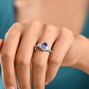 D'Joy Tanzanite and Moissanite 2.35 ctw Blue Prestige Ring in Rhodium Over Sterling Silver (Size 7.0)