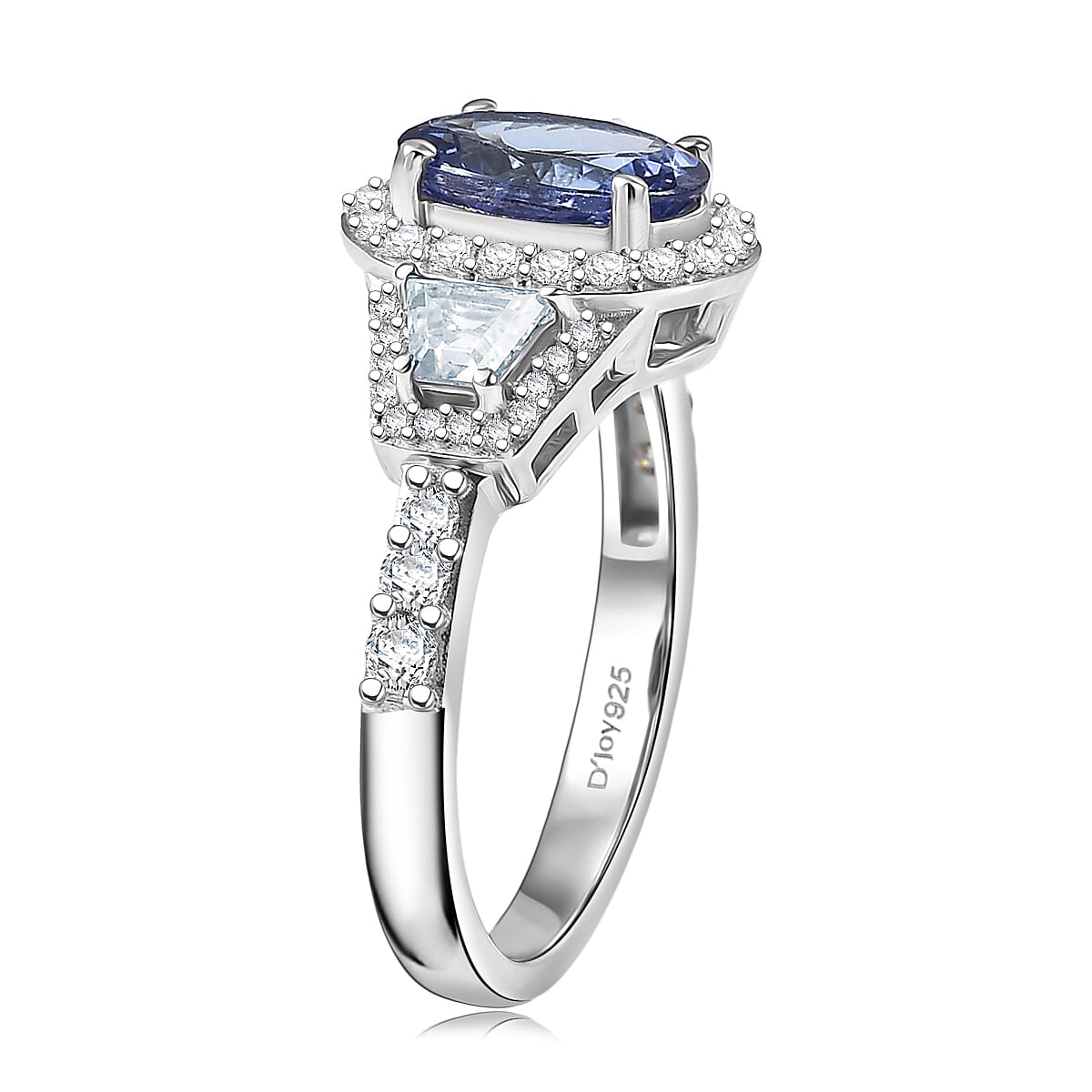 D'Joy Tanzanite and Moissanite 2.35 ctw Blue Prestige Ring in Rhodium Over Sterling Silver (Size 7.0)