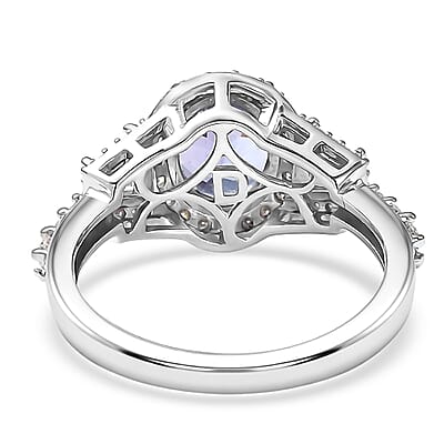 D'Joy Tanzanite and Moissanite 2.35 ctw Blue Prestige Ring in Rhodium Over Sterling Silver (Size 7.0)