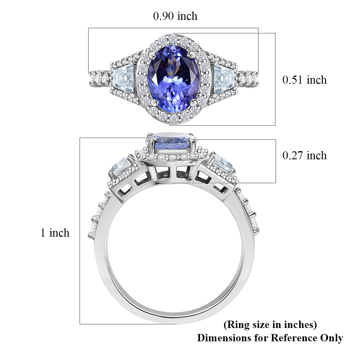 D'Joy Tanzanite and Moissanite 2.35 ctw Blue Prestige Ring in Rhodium Over Sterling Silver (Size 7.0)