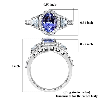 D'Joy Tanzanite and Moissanite 2.35 ctw Blue Prestige Ring in Rhodium Over Sterling Silver (Size 7.0)