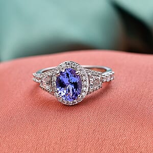 D'Joy Tanzanite and Moissanite 2.35 ctw Blue Prestige Ring in Rhodium Over Sterling Silver (Size 8.0)
