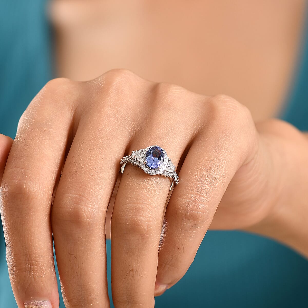 D'Joy Tanzanite and Moissanite 2.35 ctw Blue Prestige Ring in Rhodium Over Sterling Silver (Size 9.0) image number 2